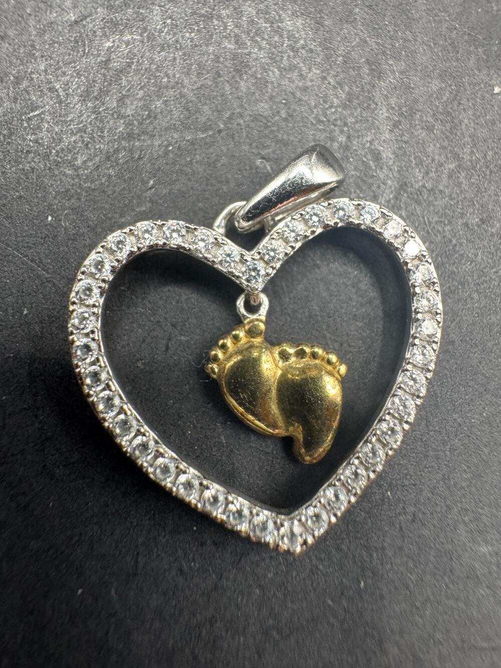 JCM Signed 925 Sterling Silver Gold Tone CZ Stone Baby Feet Heart Pendant
